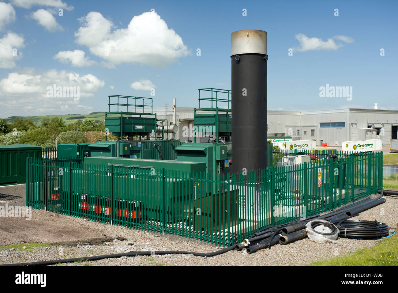 Enegy recovery from landfill site gas fueled power station Locharmoss near Dumfries Scotand UK Stock Photo