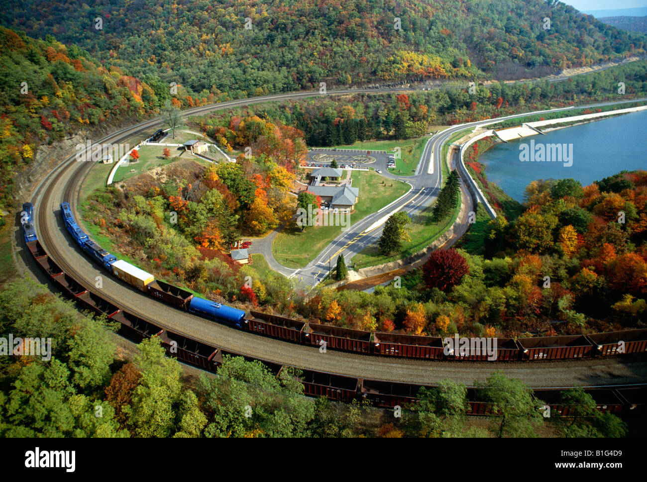 Aerial view of the Horseshoe Curve with colorful autumn foliage Stock