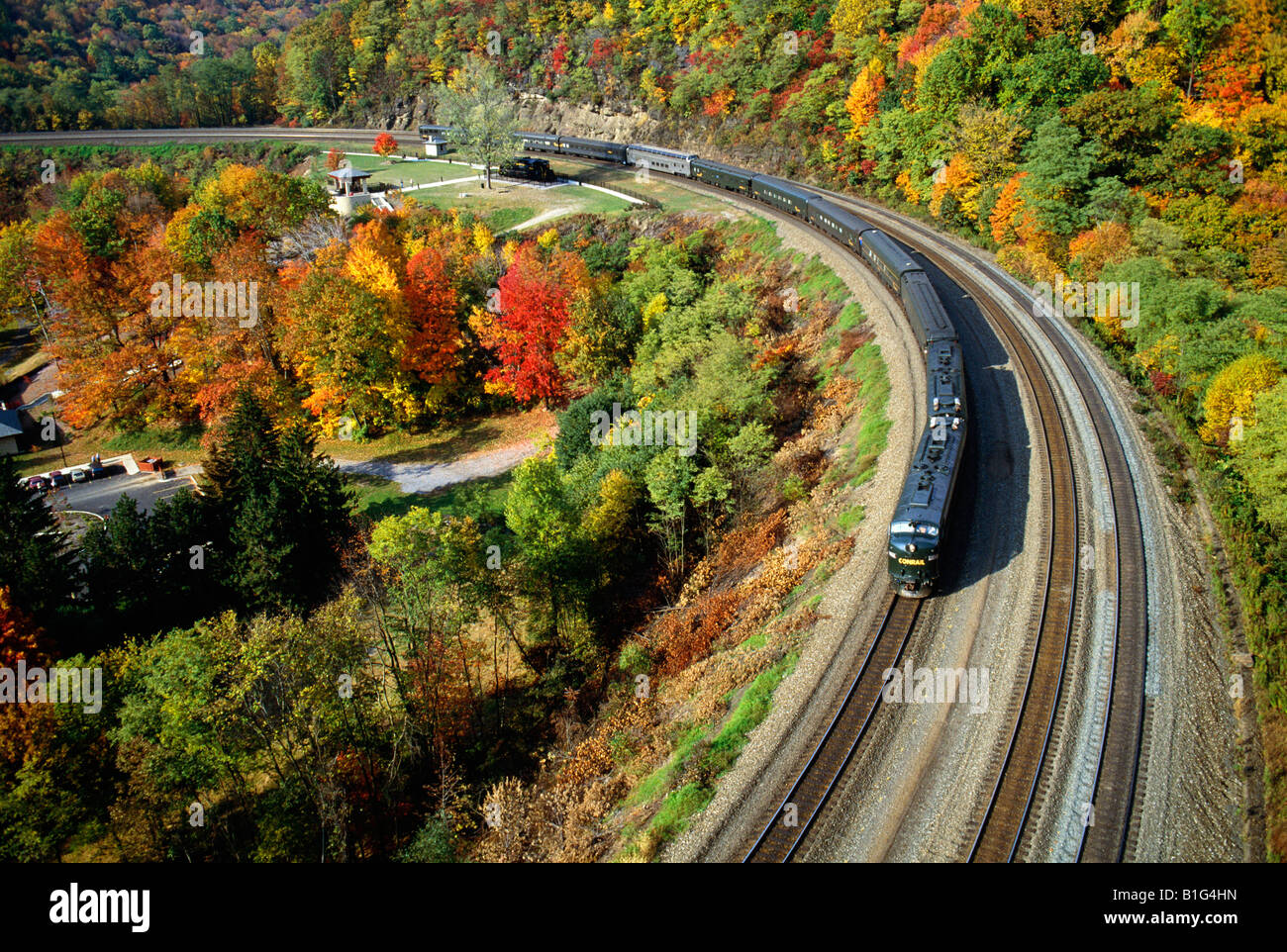 Aerial view of the Horseshoe Curve with colorful autumn foliage Stock