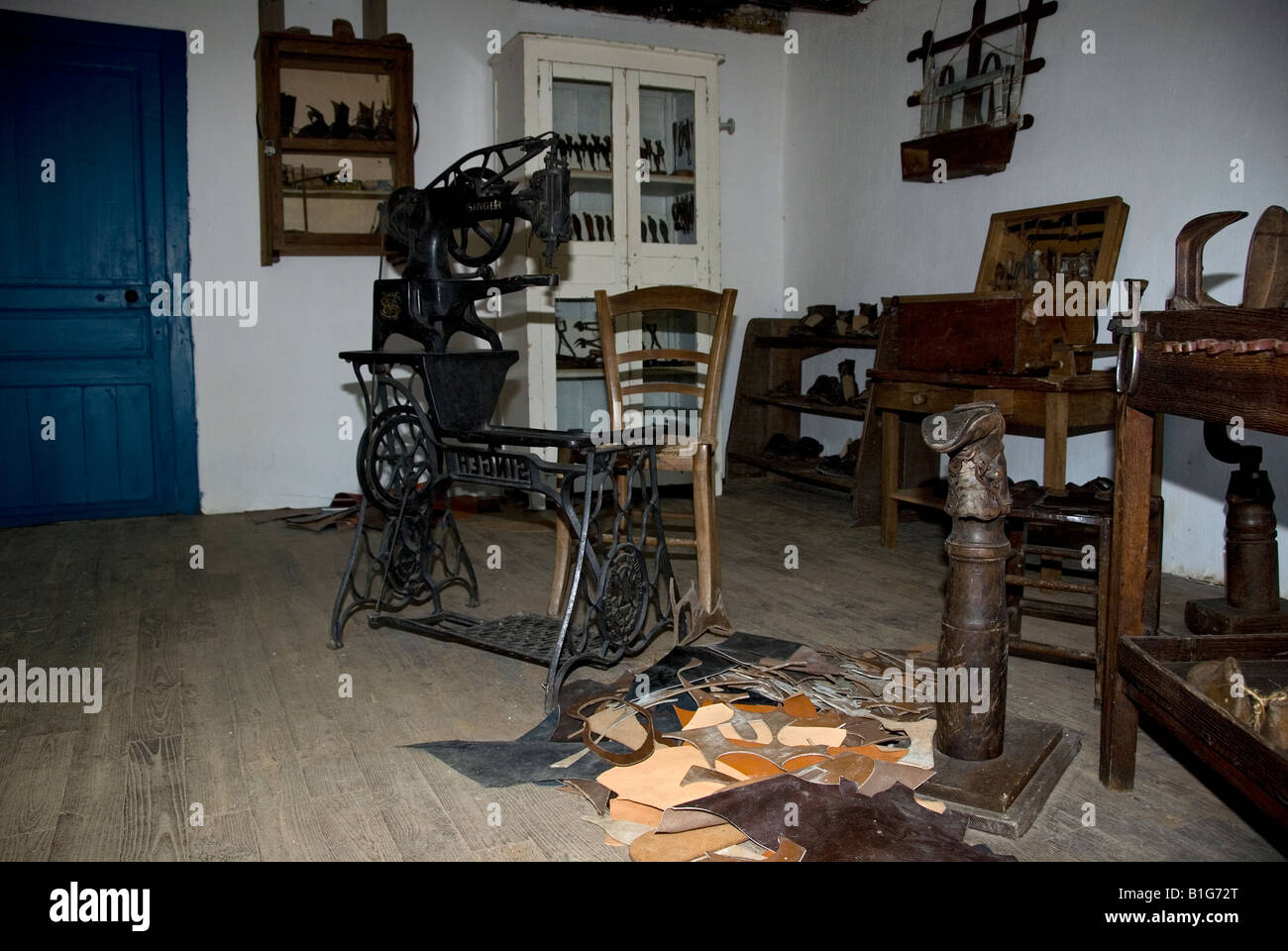 Stock photo of the inside of the renovated shoemakers shop in the village of Montrol Senard Stock Photo