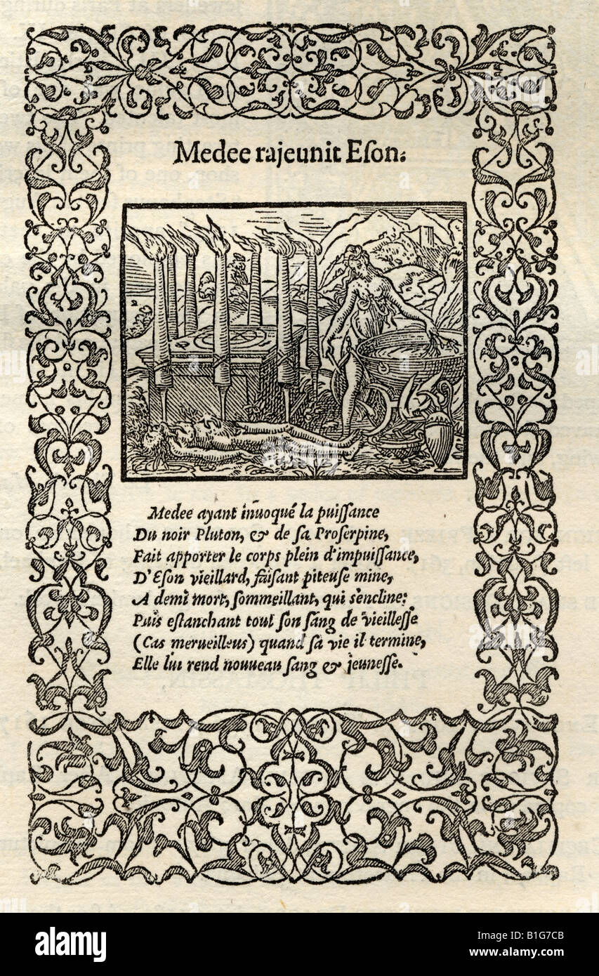 Facsimile of ornamented page by Bernard Salomon from La Metamorphose d'Ovide. Figuree a Lyon par Jan de Tournes, 1557. Stock Photo