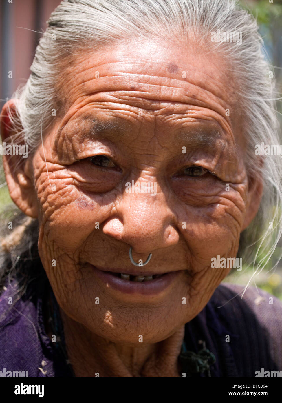 portrait of old Nepali woman in Sikkim Stock Photo