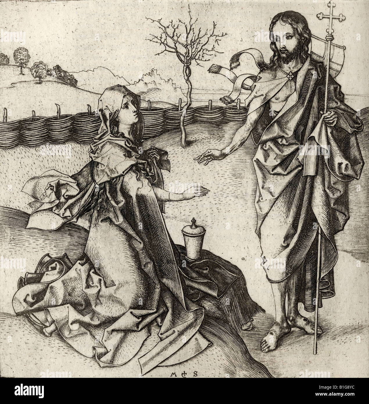 Facsimile of Our Saviour appearing to Mary Magdalene in the Garden, by Martin Schongauer, c.1420 - 1488. German painter and engraver. Stock Photo