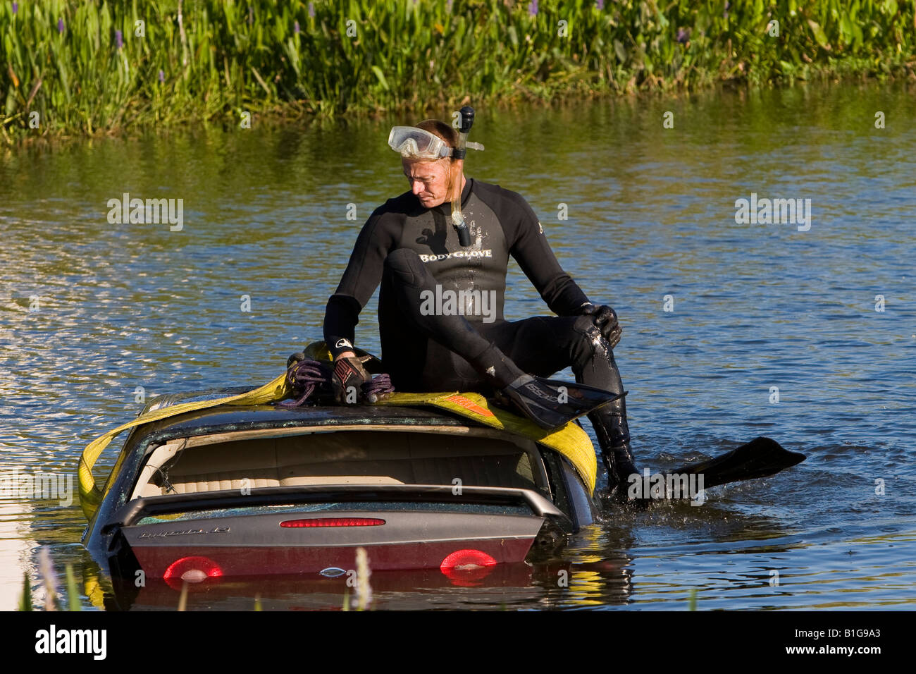 Salvage Diver Preparing a Car for Removal from a Lake Stock Photo