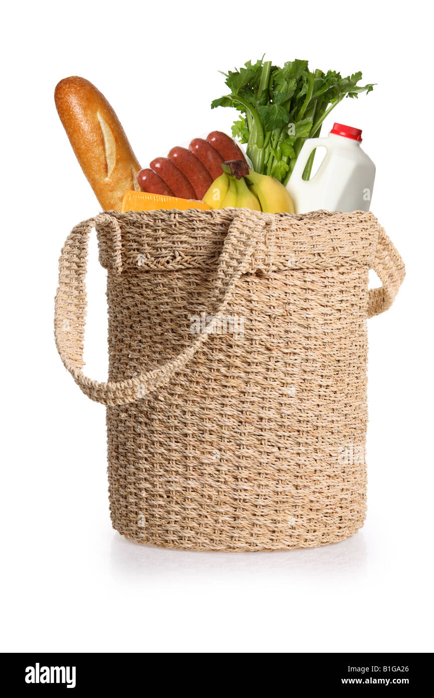Grocery food items in an environmentally friendly reusable shopping bag