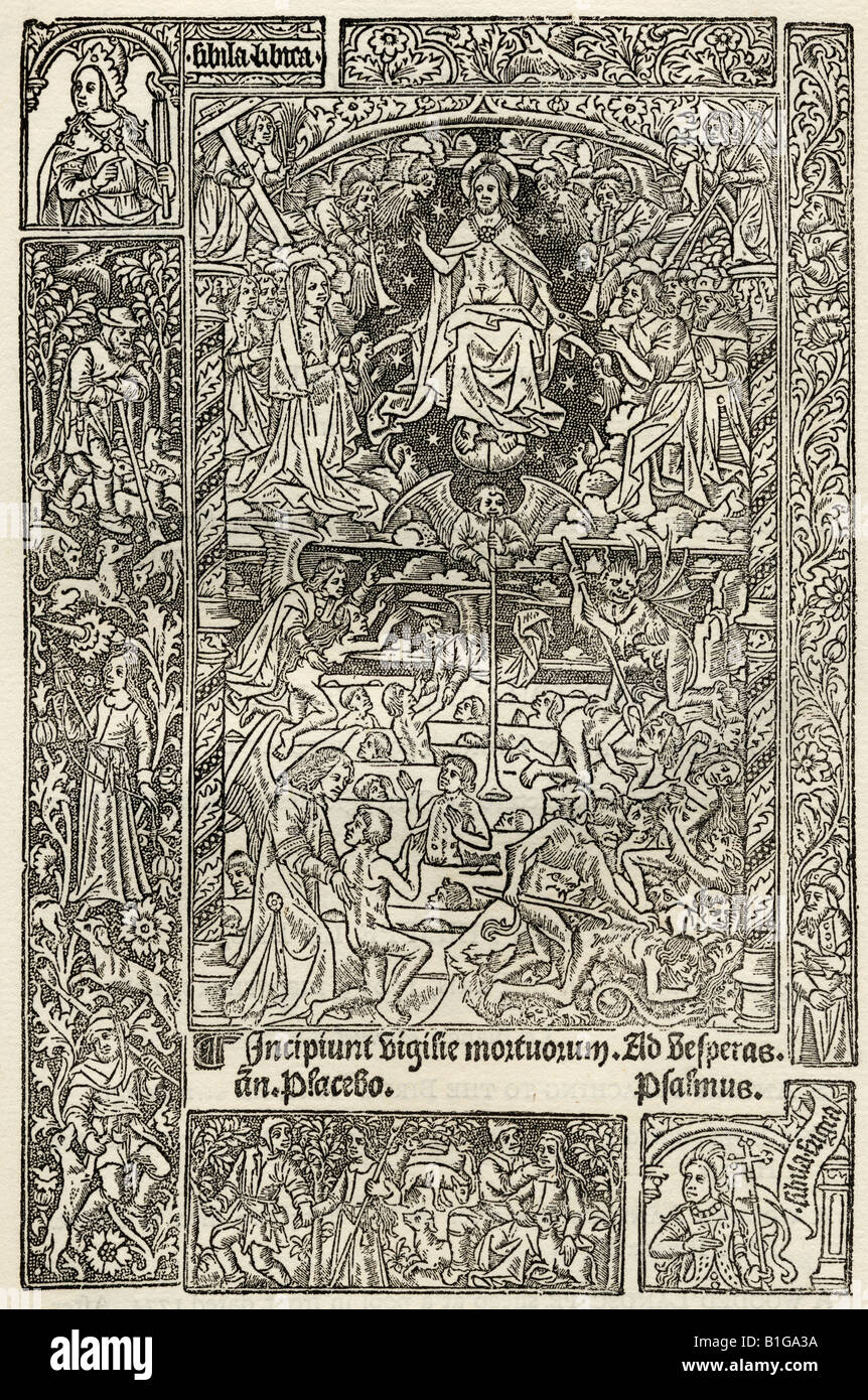 Facsimile of The Last Judgement from Heures a lusaige de Rome with device of Philippe Pigouchet, printed Paris 1498. Stock Photo