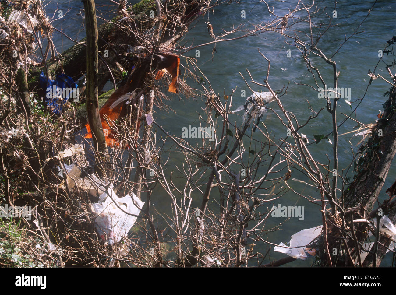 Plastic debris pollution River Rhymney Machen Mid Stock Photo Alamy