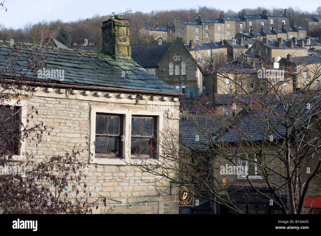Hebden Bridge view of buildings and houses in or near to the town centre Yorkshire UK Stock Photo