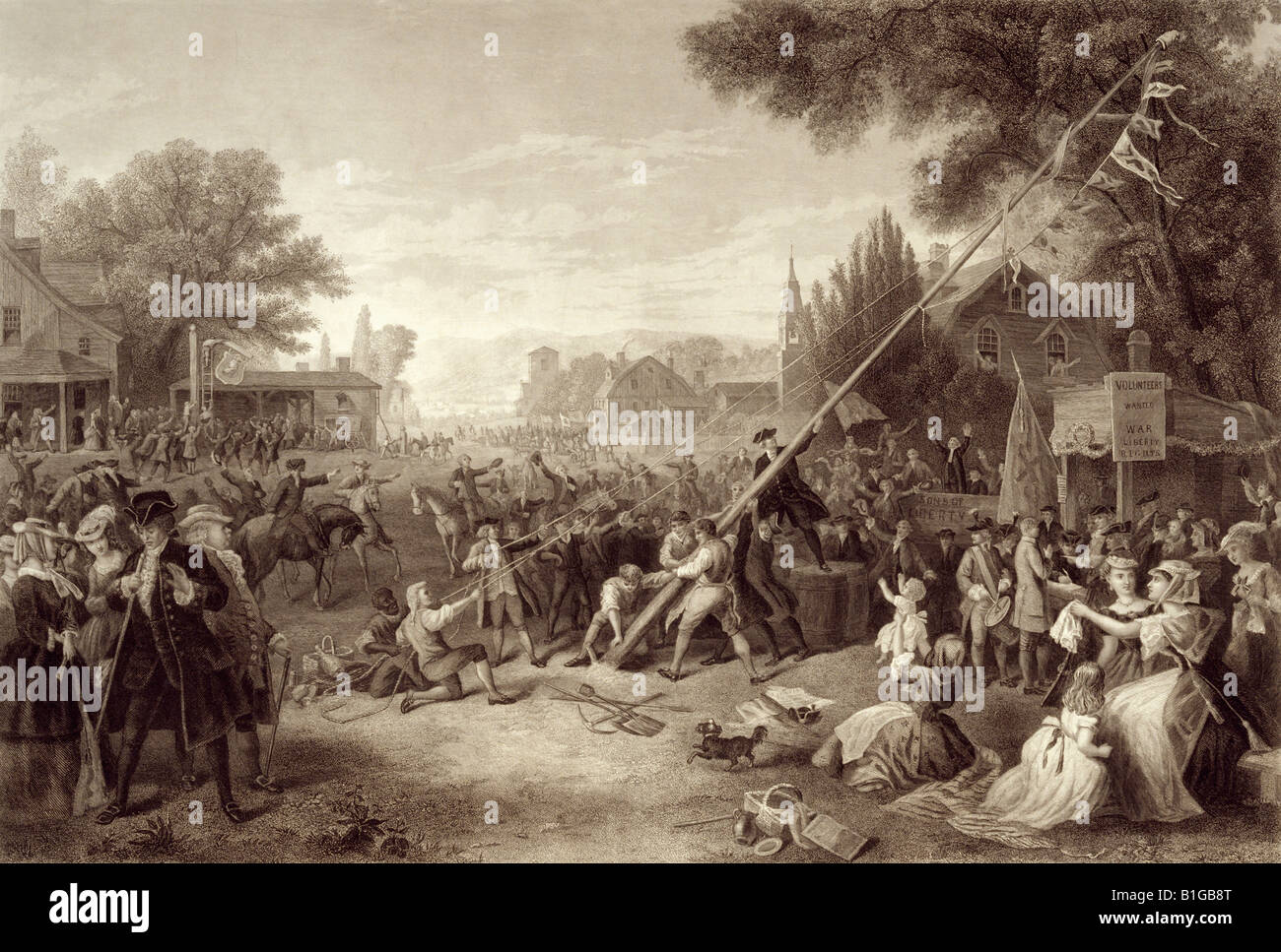 Raising the Liberty Pole, 1776. An engraving of 1875 by John C McRae, after a painting by F A Charman Stock Photo
