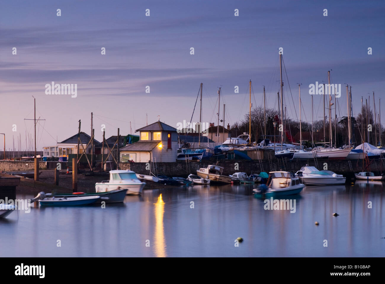 Dawn light on the harbour masters hut at Keyhaven, Hampshire, England