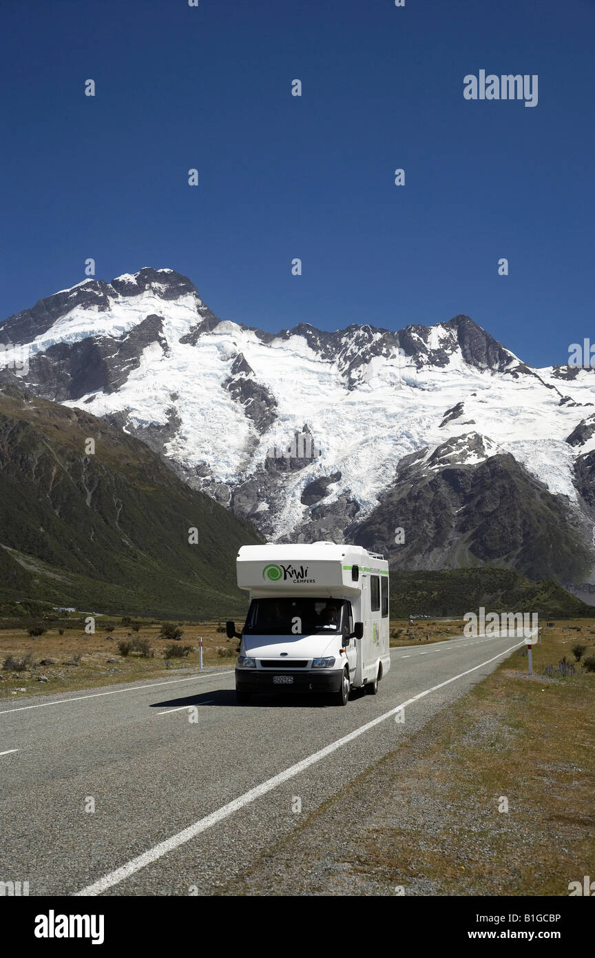 Campervan Road and Mt Sefton Aoraki Mt Cook National Park South Canterbury South Island New Zealand Stock Photo