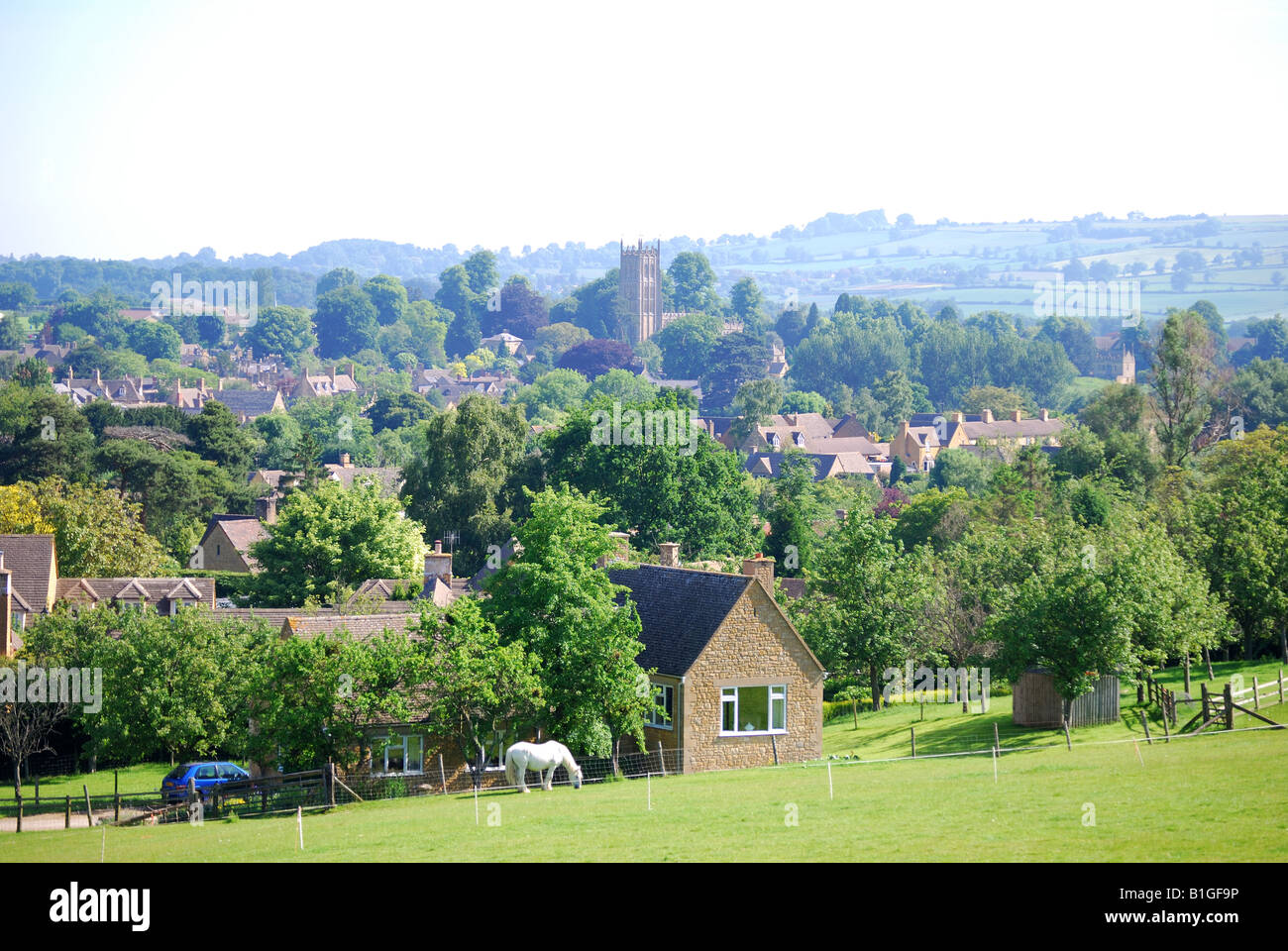 View of town, Chipping Campden, Cotswolds, Gloucestershire, England, United Kingdom Stock Photo