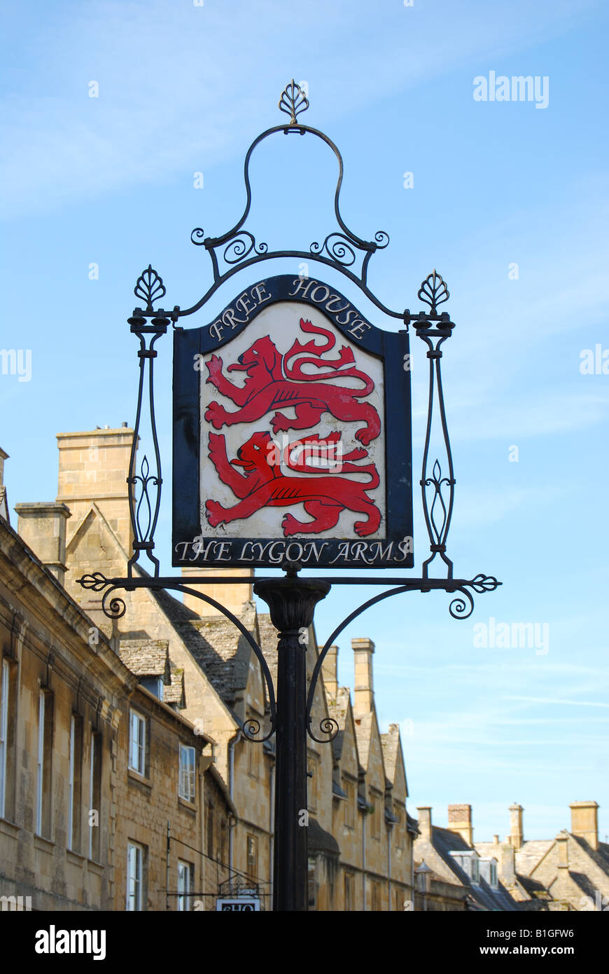 The 16th Century Lygon Arms Hotel sign, High Street, Chipping Campden, Cotswolds, Gloucestershire, England, United Kingdom Stock Photo