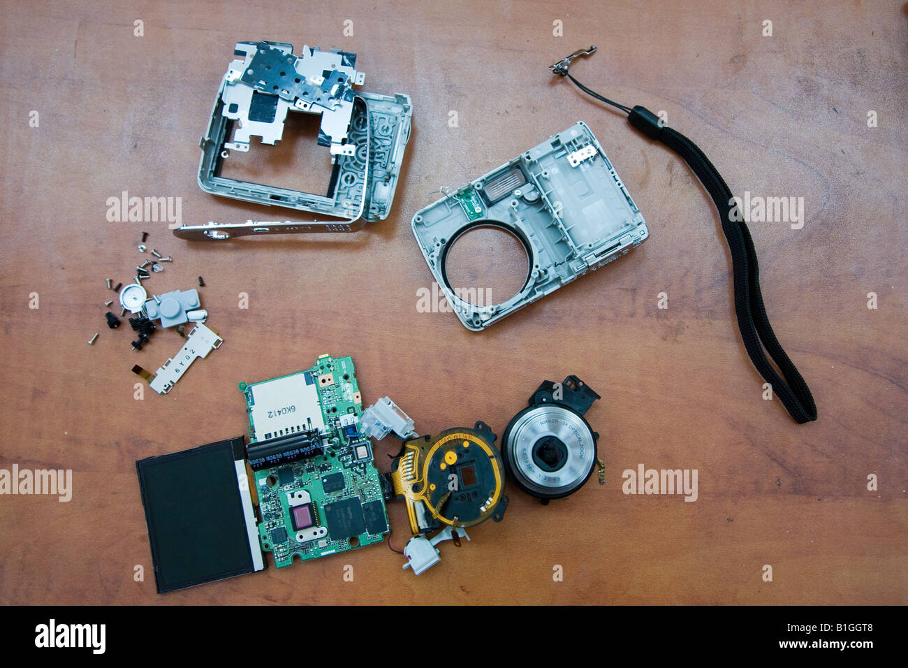 Photo of disassembled Nikon digital camera displaying all major components Shot June 2008 Stock Photo