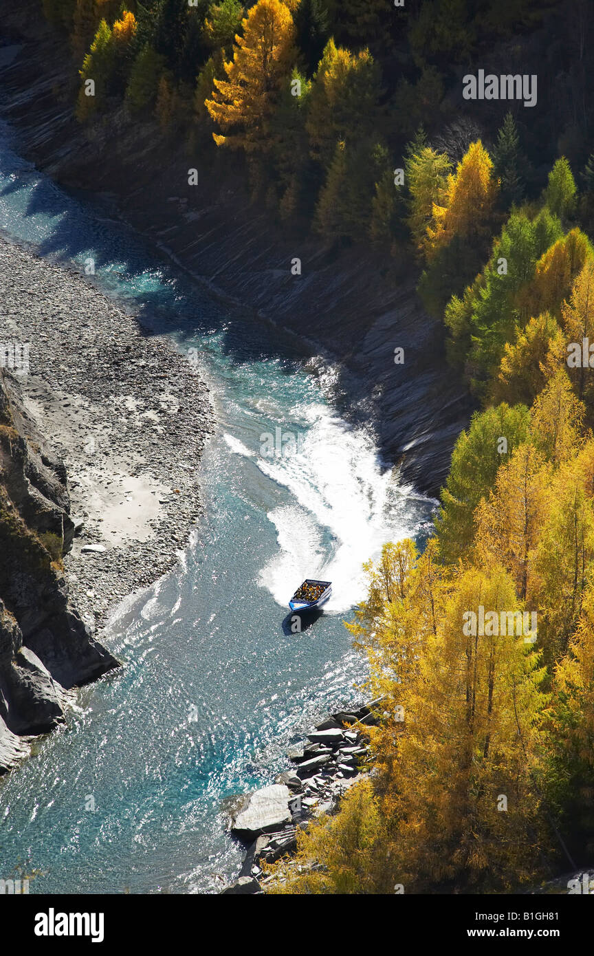 Jet Boat Shotover River and Larch Trees in Autumn Skippers Canyon near Queenstown Central Otago South Island New Zealand Stock Photo