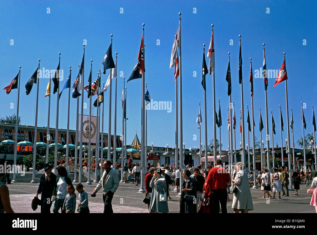 Crowds and flags at the Seattle World's Fair, 1962, Washington State