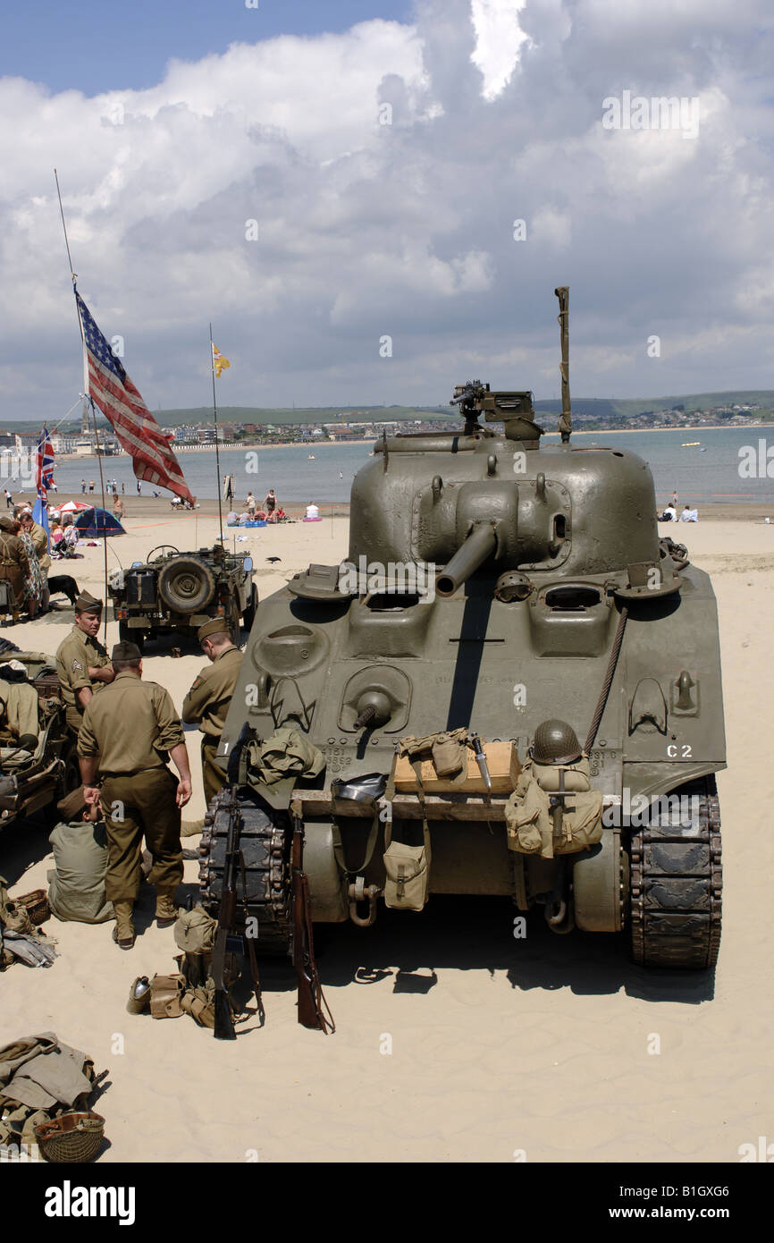 WW2 Sherman Tank is paraded through the Streets of Weymouth England Stock Photo