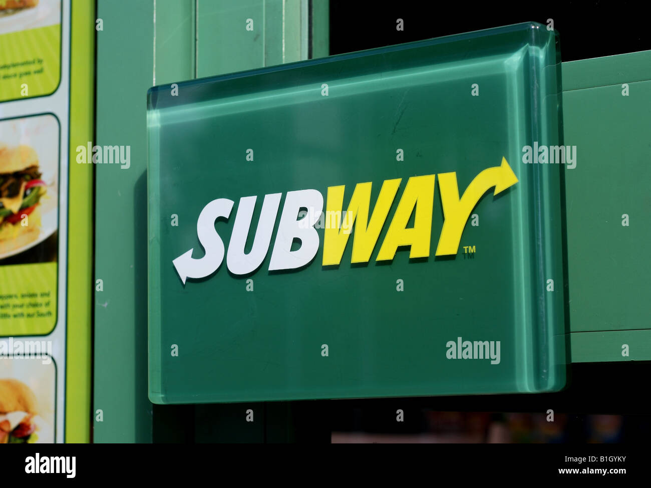 Subway food outlet logo on shop door handle, UK Stock Photo