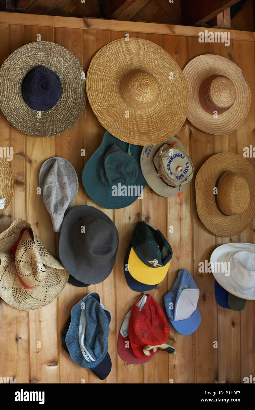 Collection of hats on coat hooks Stock Photo Alamy