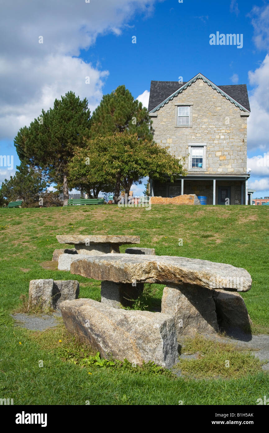 Stone bench in front of a house, Home of artist Fitz Hugh Lane, Fitz