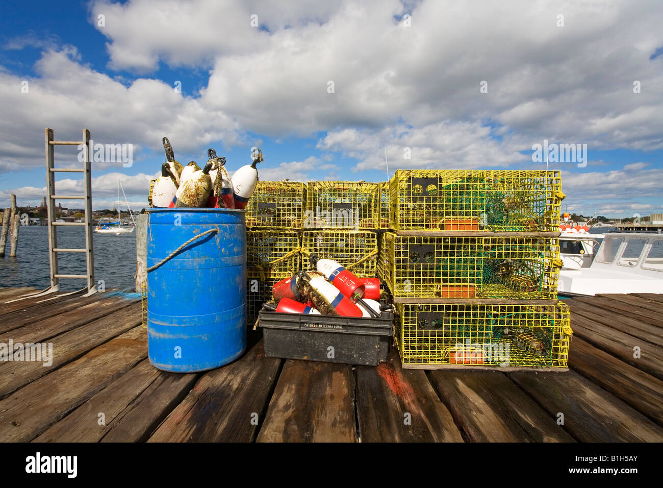 Lobster traps and lobster buoys on a fishing pier, Rocky Neck