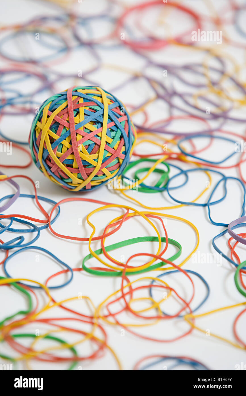 Rubber band ball and rubber bands Stock Photo