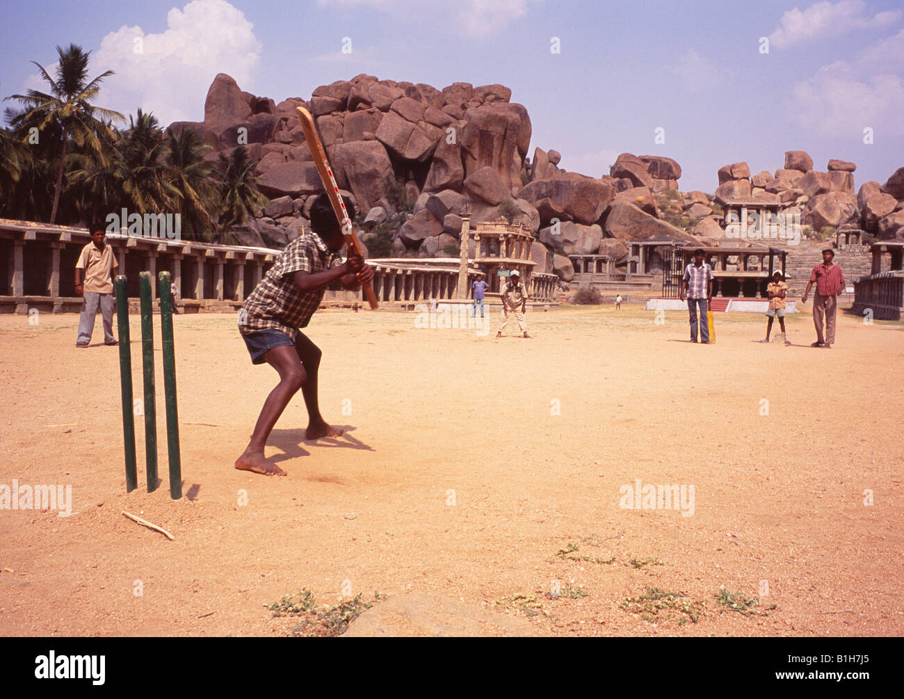 kids playing cricket, Hampi, India Stock Photo