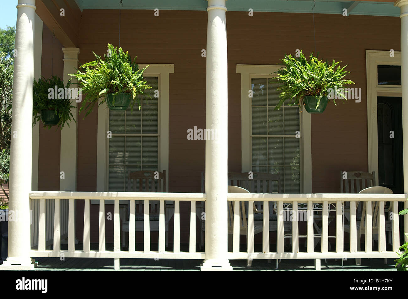 Front Porch with Hanging Baskets of Ferns Stock Photo Alamy