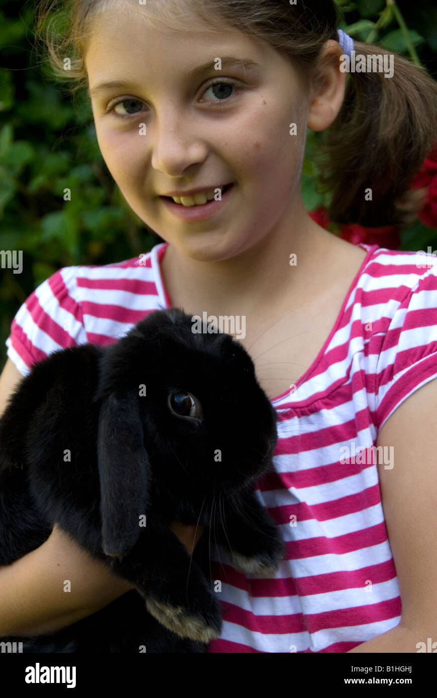 Ten year old girl with pet rabbit. Lop eared dwarf Stock Photo Alamy