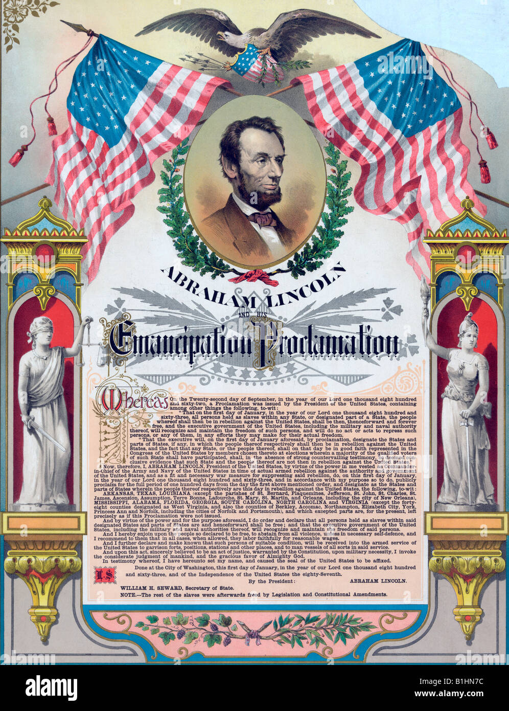 Emancipation Proclamation; with two U.S. flags and eagle over head-and-shoulders portrait of Abraham Lincoln with torn corner Stock Photo