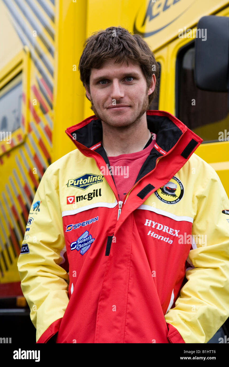 Guy Martin who rides the Hydrex honda Superbike in the paddock at Thruxton, England. Stock Photo