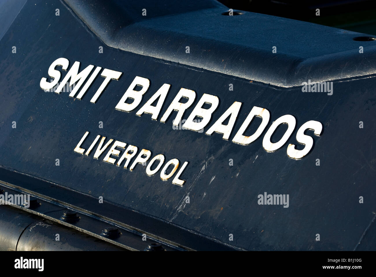 Close up of tug boat name plate Liverpool Stock Photo Alamy