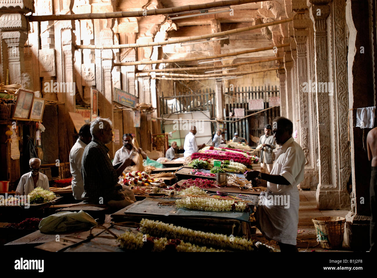 Flowers shops in the corridor of a temple, Sri Meenakshi Hindu Temple