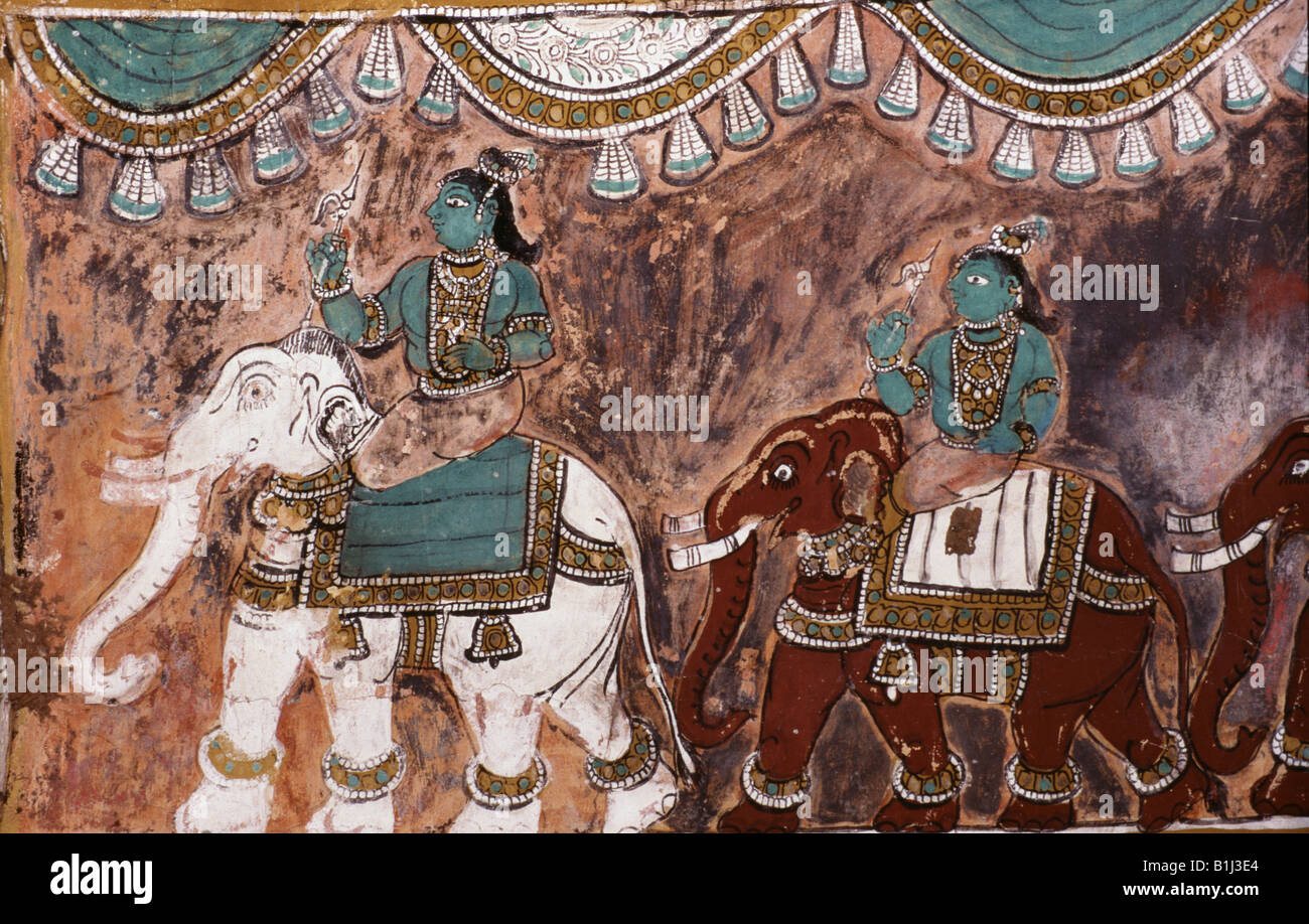 Mural from Ramayana on the wall of a temple, Alagar Koyil, Madurai, Tamil Nadu, India Stock Photo
