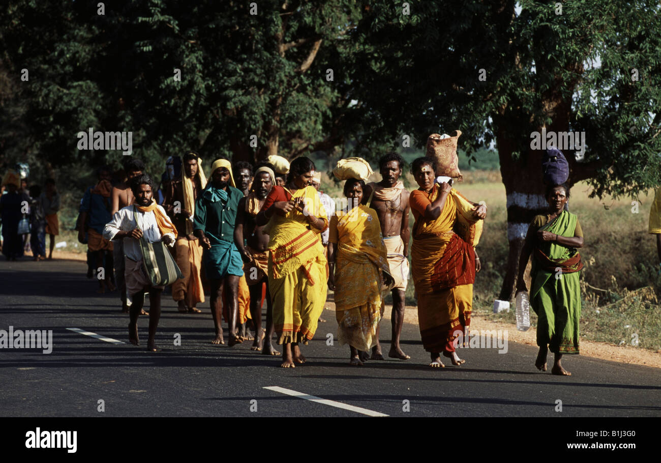 Pilgrims walking on a road, Palani Murugan Temple, Palani, Dindigul District, Tamil Nadu, India Stock Photo