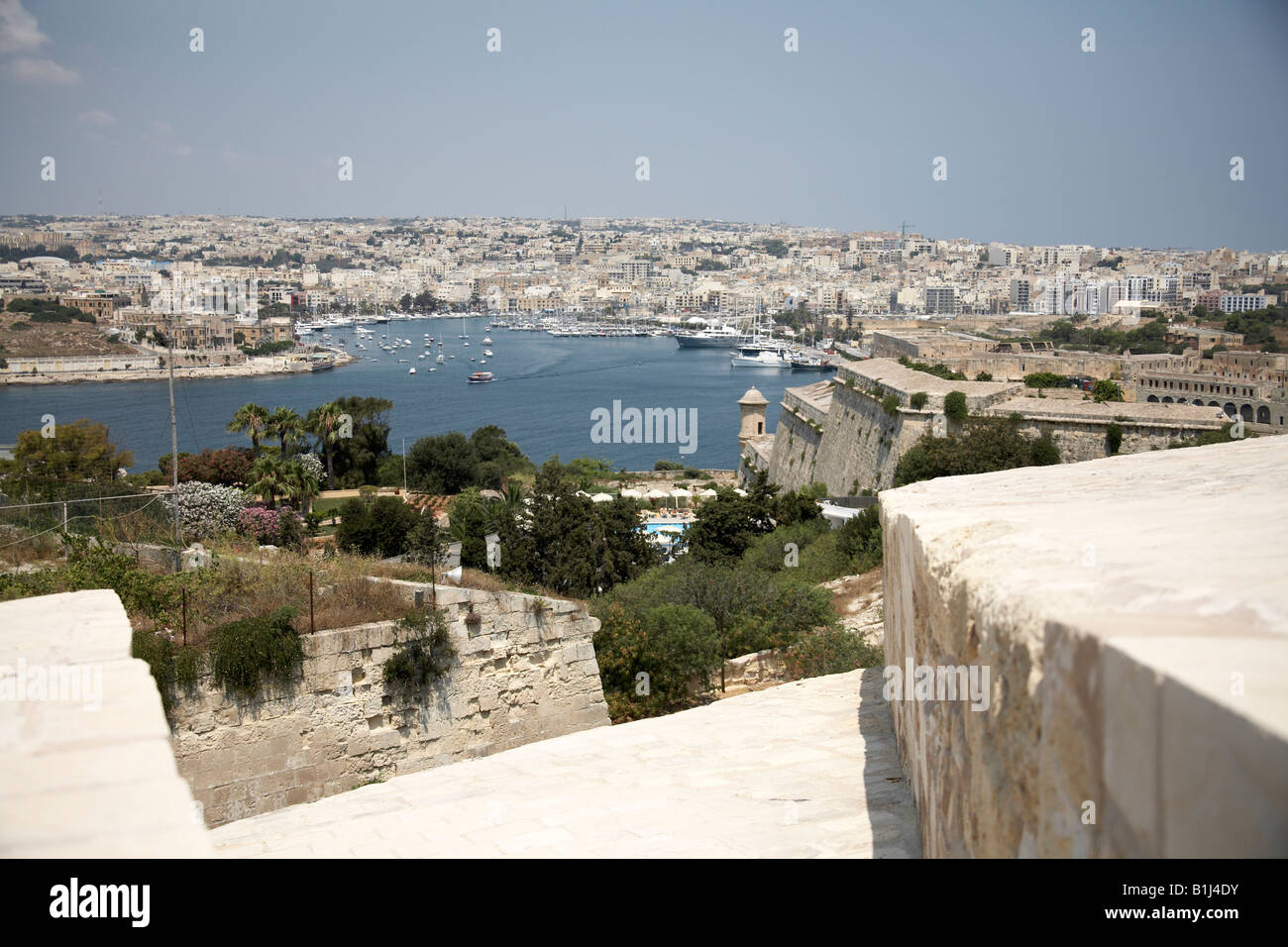 View north from St John Counterguard across harbour to Ta Xbiex and Manoel Island in Valetta or Valletta Malta Stock Photo