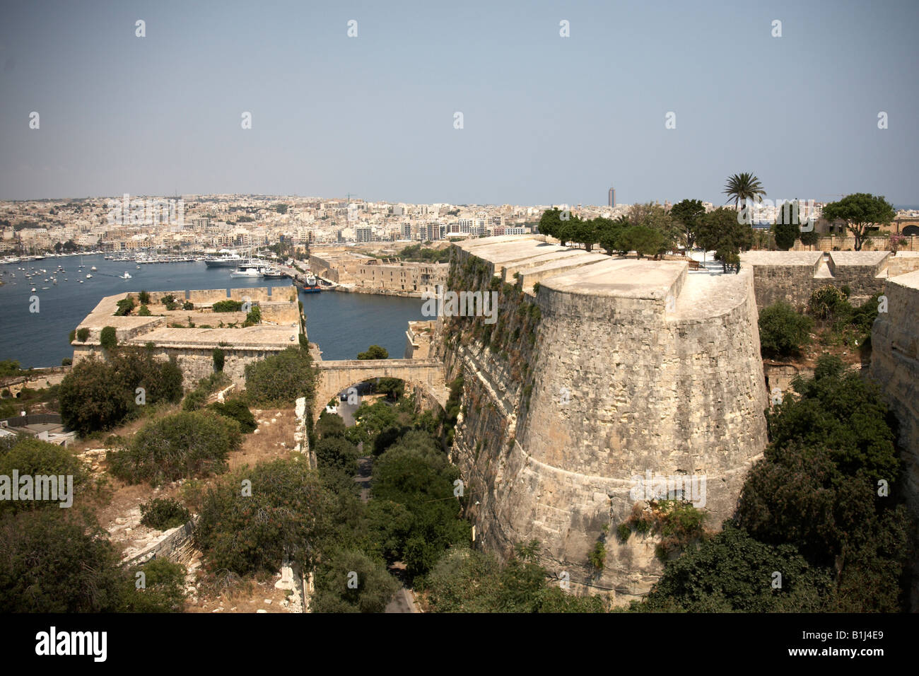 View north from St John Counterguard of defensive bastion walls around Valetta or Valletta Malta Stock Photo