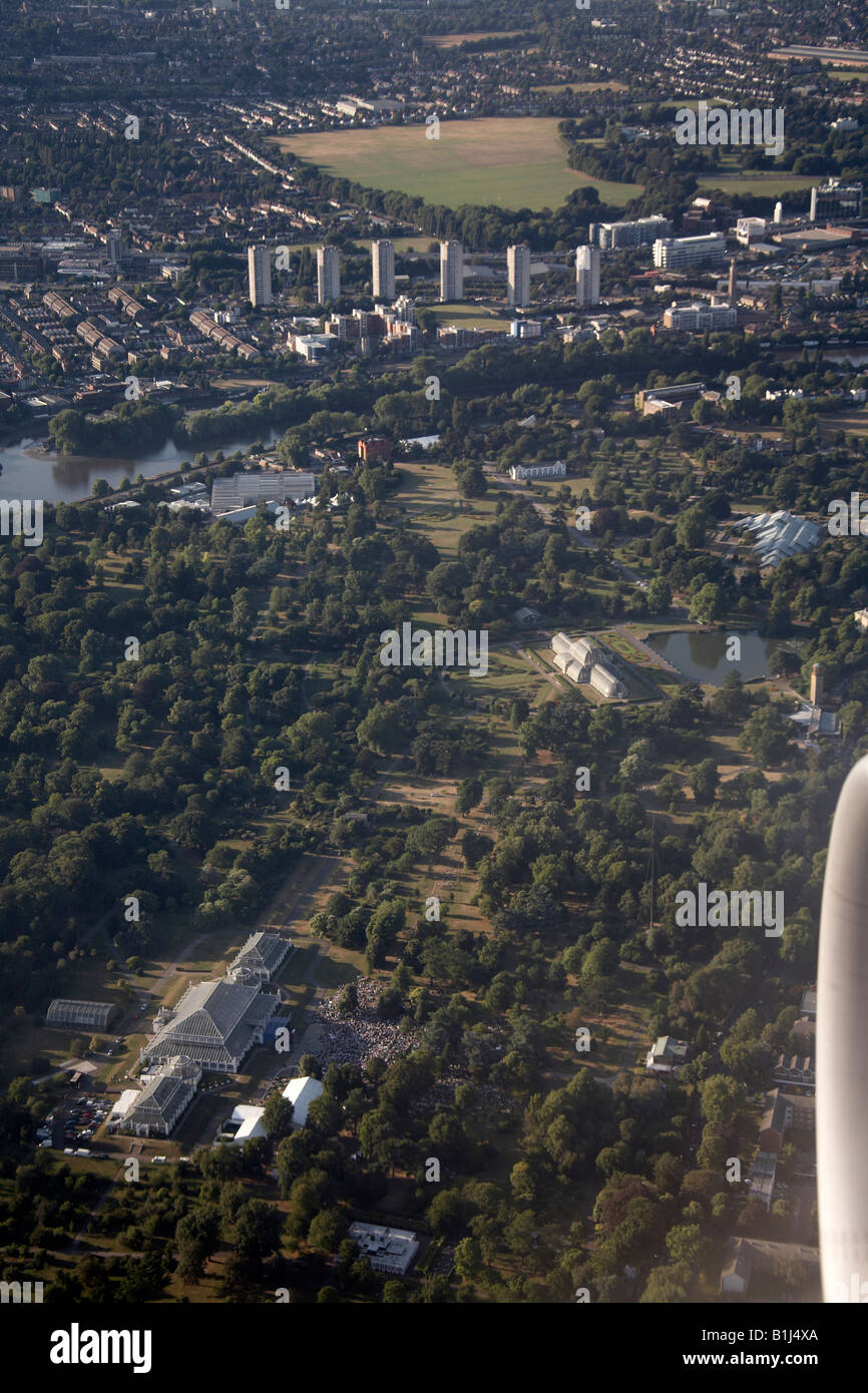 Aerial view north from commercial aircraft of Kew Gardens River Thames Brentford and London TW9 TW8 England High level oblique Stock Photo
