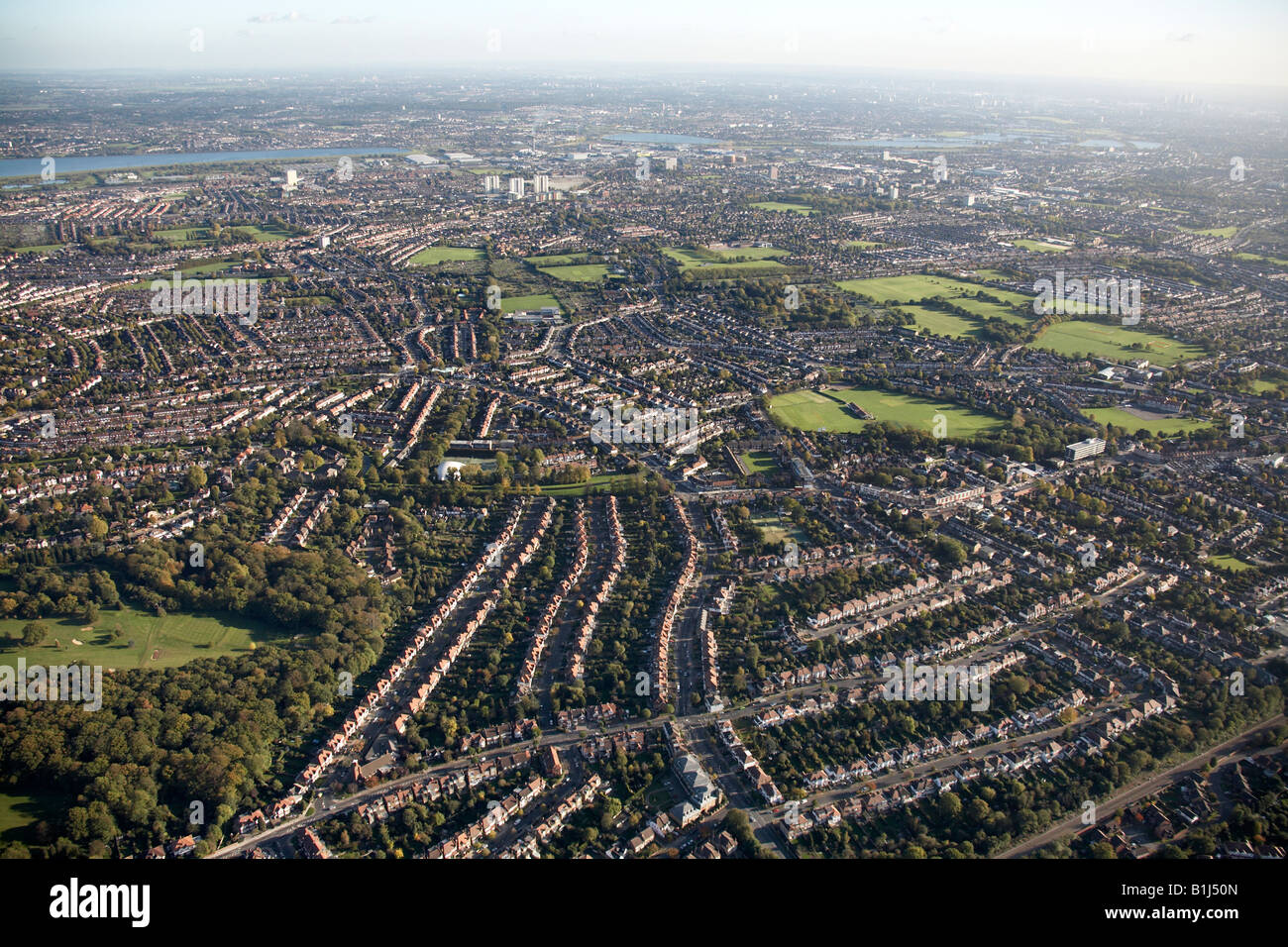 Aerial view south east of Bush Hill Park Golf Course suburban houses
