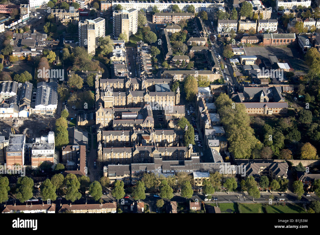 Aerial view north east of St Charles Hospital suburban houses and tower blocks North Kensington London W10 England UK Stock Photo