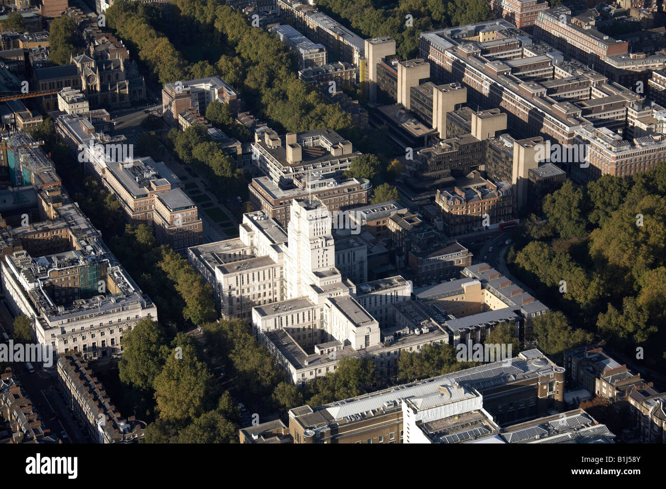 Aerial view north of Senate House Brunei Gallery and University of London and inner city buildings Bloomsbury London WC1 England Stock Photo