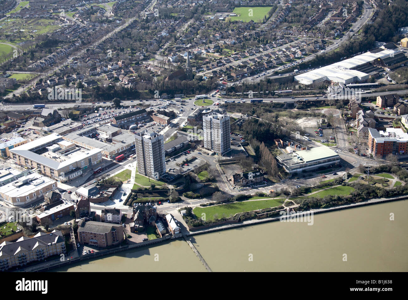 Aerial view south west of Erith suburban housing tower blocks and public buildings Queen s Road London DA8 UK High level oblique Stock Photo