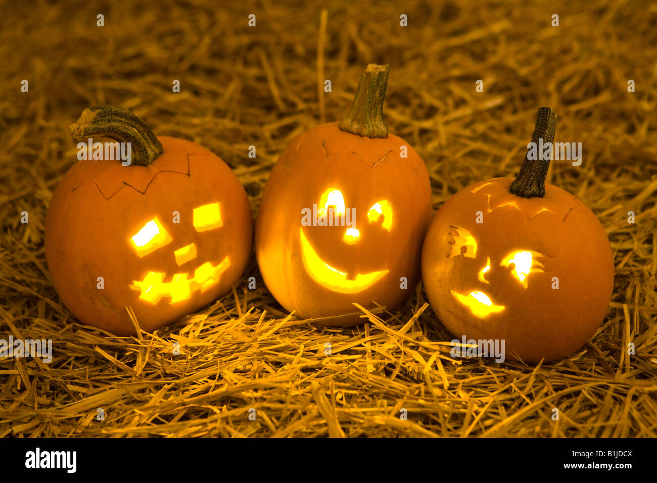 Close up of small Jack-O-Lanterns laying in hay. Stock Photo