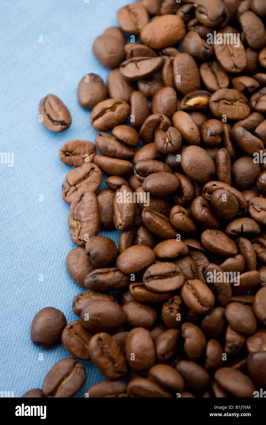 Brown roasted coffee beans on blue background Stock Photo - Alamy