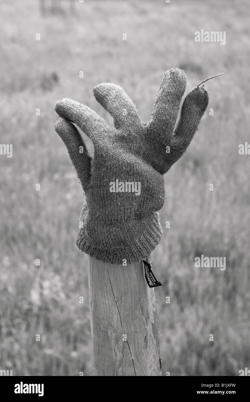 Lost Glove on post in field Stock Photo