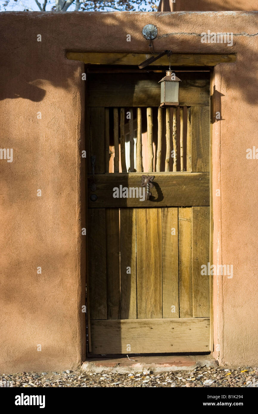 A classic adobe door along Canyon Road in Santa Fe, New Mexico. Stock Photo