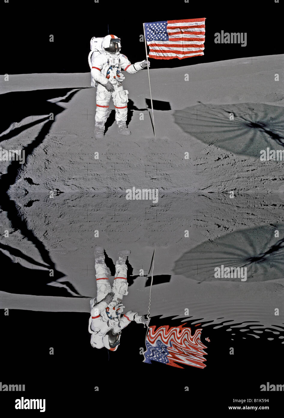 conceptually computer enhanced view of NASA Astronaut Buzz Aldrin standing on moon by American flag reflected in water Stock Photo