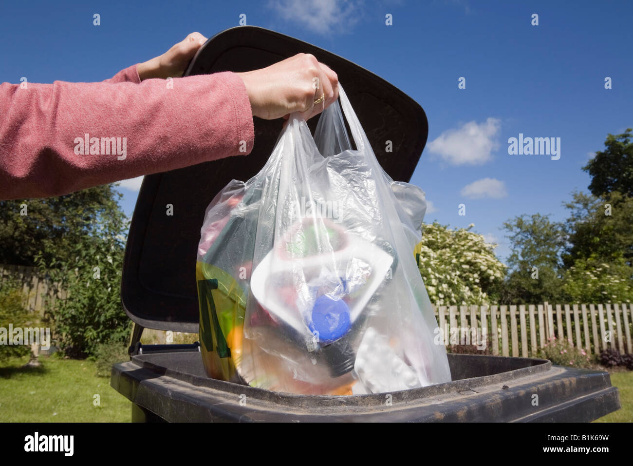 Woman putting plastic bag of household rubbish into black wheelie bin to throw out. England UK Britain Stock Photo