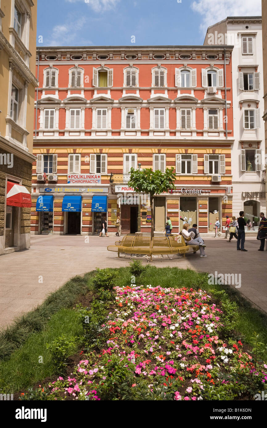 Rijeka Croatia Europe Pedestrianised Korzo Street with people and shops in old buildings in city centre Stock Photo