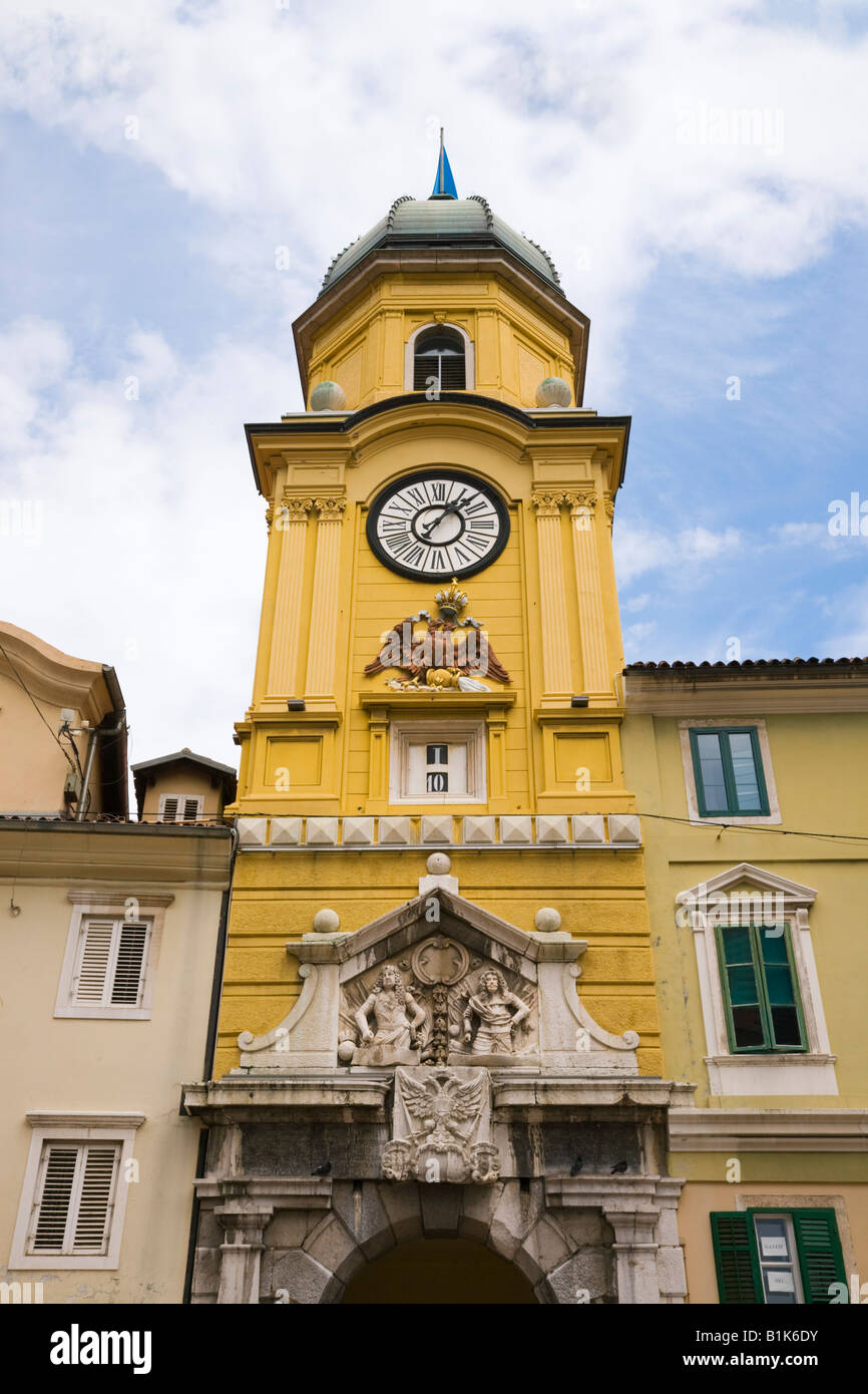 Rijeka Croatia Europe 18th century Baroque Civic Tower clock and gateway in Korzo Street in city centre Gradski Toranj Stock Photo
